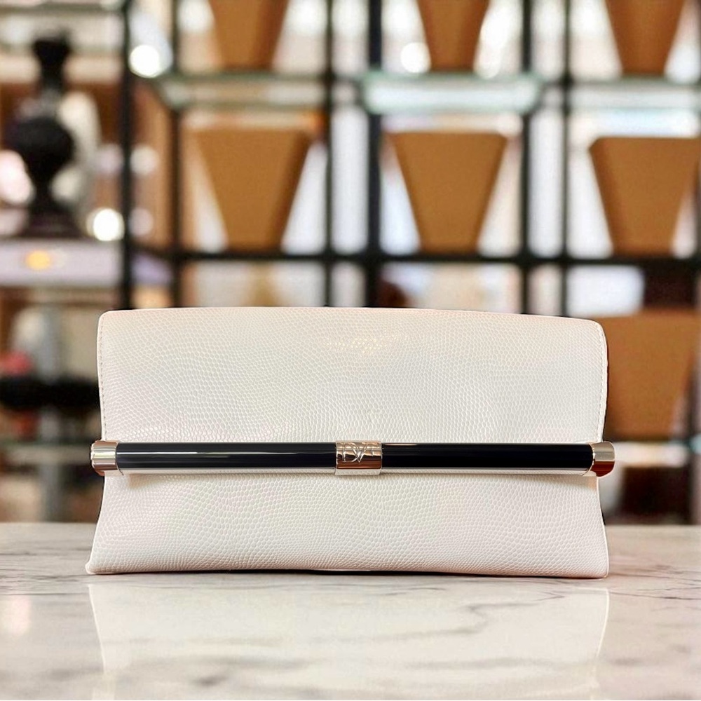 Diane Von Furstenberg White Embossed Leather Clutch w Black Accent NWT & Dustbag